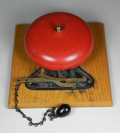 Bevin Boxing Ring Bell: repainted and mounted on oak board. Loss of paint to bell. Working order. Bell: 8", board: 11" h x 11" w