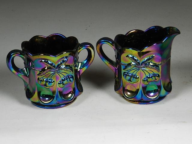 Mosser Amethyst Carnival Glass Sugar & Creamer: cherry and cable thumbprint, excellent condition, 4 1/2" h
