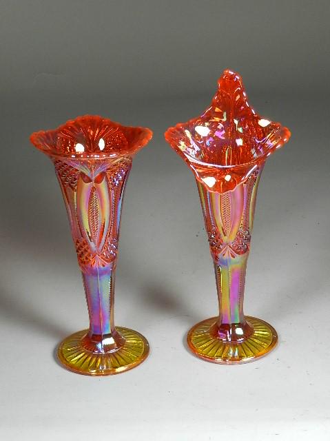 Pair of Carnival Glass Vases: Mosser marigold, excellent condition, tallest 12"