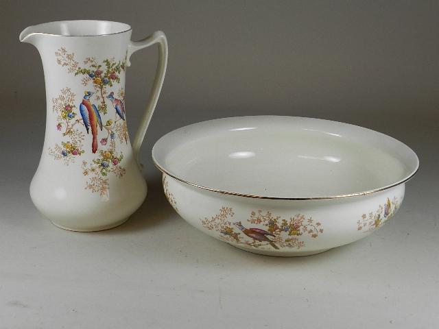Ironstone Wash Bowl & Pitcher: marked Crown Ducalware, transfer decorated, minor wear, scratches & dings