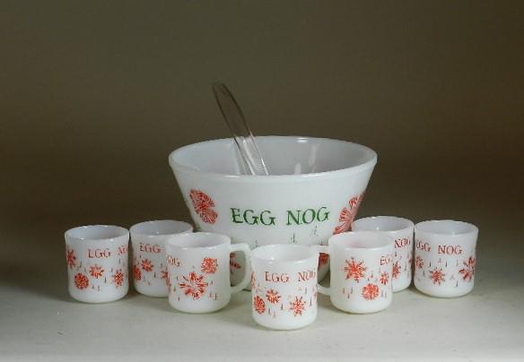 Fire King Eggnog Punch Bowl & Cups: 7 mugs, plastic ladle