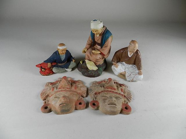 Group of Items: 3 Asian figures, 2 terracotta mask
