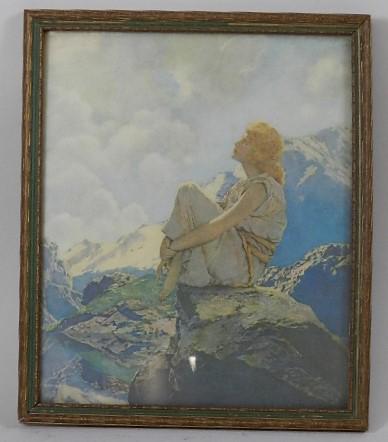 Maxfield Parrish Style Print: in period frame, 13" h x 11" w