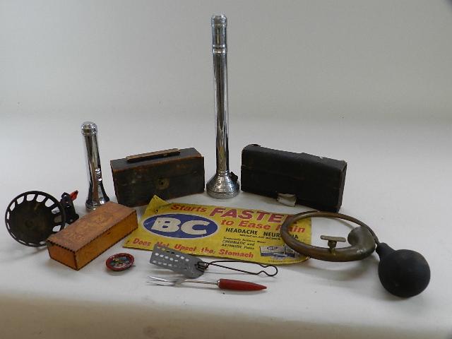 Assorted Items: advertising, vintage flashlights, horn, tramp art box, etc