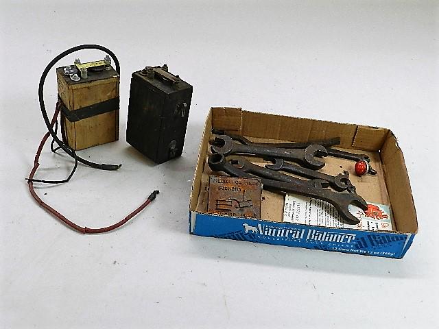 Box of Tools: wrenches, vintage batteries, etc
