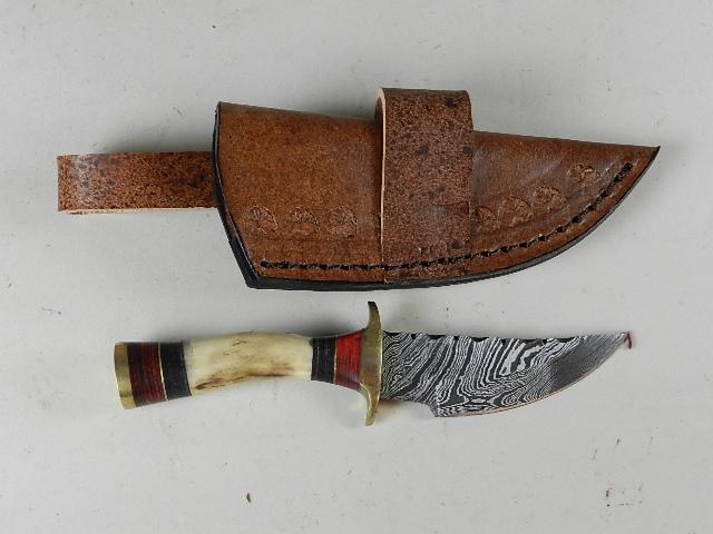 Miniature Stag Handle Damascus Steel Skinning Knife: in sheath, excellent condition, 6" long