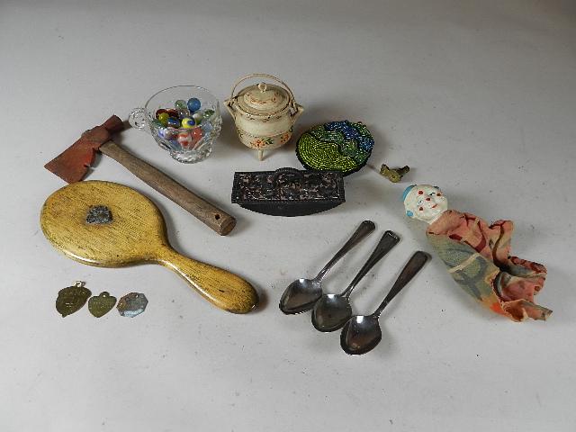 Box Lot: with toy hatchet, hand mirror, old marbles, beaded change purse, hand puppet, hotel spoons, rabies tags, etc