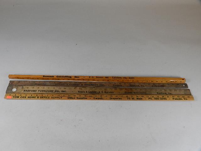 Group of Advertising yard Sticks: Radford Furniture Co, Virginia, Tom Cox Home & Office Supply, Pulaski, Virginia, DeHarts Carpet & Interiors Inc, Radford, VA and summit Consulting Inc in Lakeland, FL