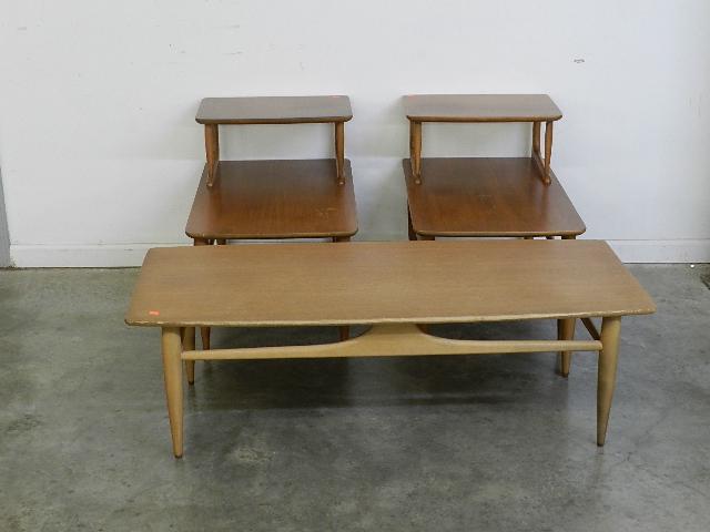 3 pc Mid Century Mersman Coffee Table & 2 End Tables: coffee table has fading and wear to finish