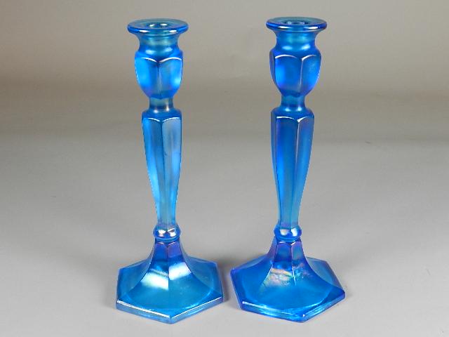 Pair of Fenton Blue Iridescent Candlesticks: 10 1/2" h