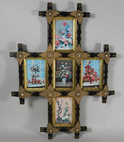 Folk Art Frame: with appliqu‚ rosettes, 29" h x 22" w