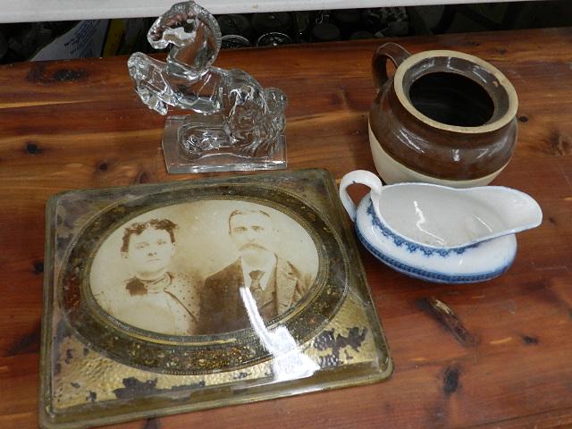 Assorted Items: including glass photo frame, horse, bean pot, gravy boat, etc