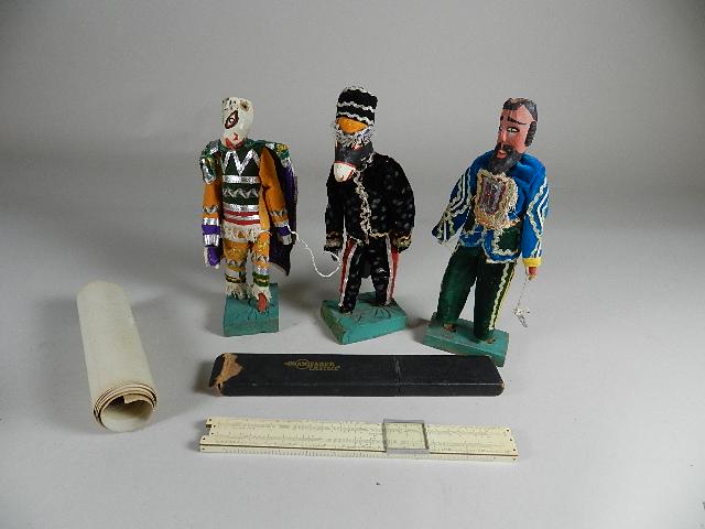 3 Carved Mexican Figures: scientific ruler, yard long photo of Gold Jubilee Conference Boston 1930