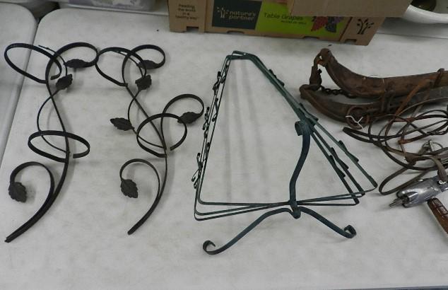 Group Lot of Items: vintage wall brackets, Christmas Tree, garden items, horse reins,