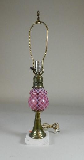 Cranberry Art Glass Lamp: with marble base, split in brass on back, 24" h