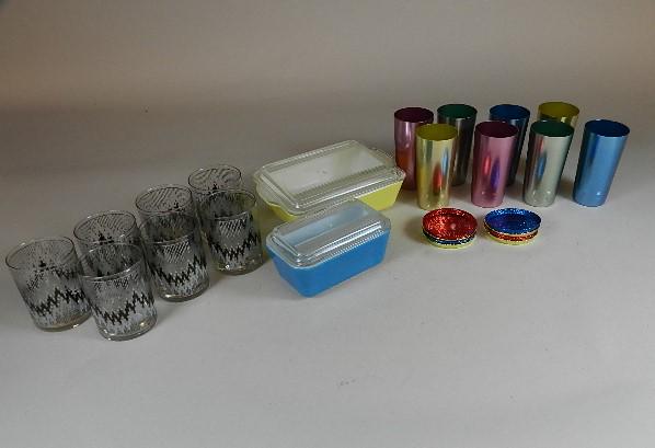 Group of Vintage Kitchen Items: 7 on the rocks glasses, aluminum cups and coasters, refrigerator dishes