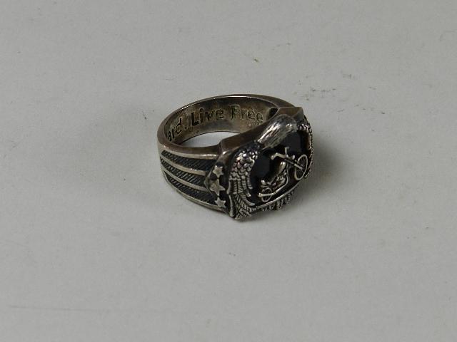 Large Men's Sterling Harley Davidson Ring: motorcycle with eagle, engraved "Ride Hard Live Free" size 13 1/2", .52 Troy oz