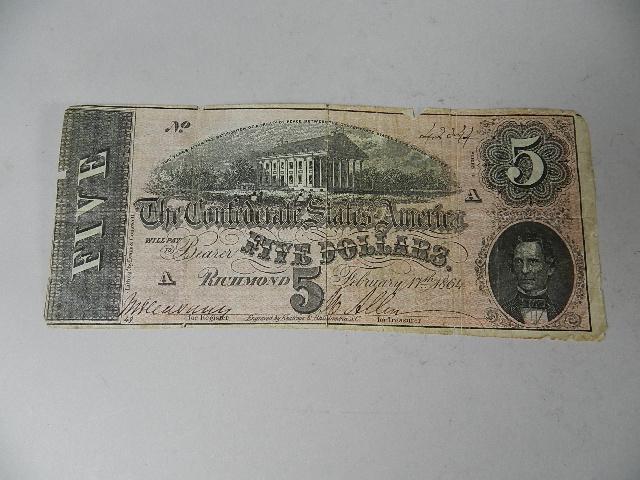 1864 Confederate $5 Note: low grade