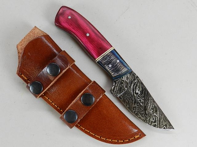 Handmade Damascus Skinning Knife: in sheath, 3 1/2" blade, 7 1/2" overall