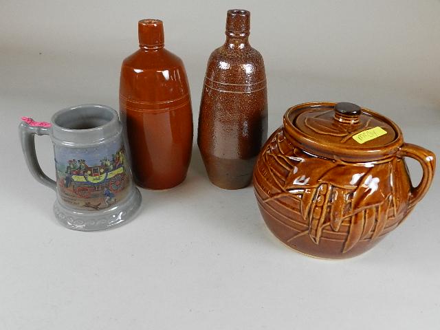 2 Pieces of McCoy Pottery & 2 Stoneware Bottles: lid on bean pot is chipped