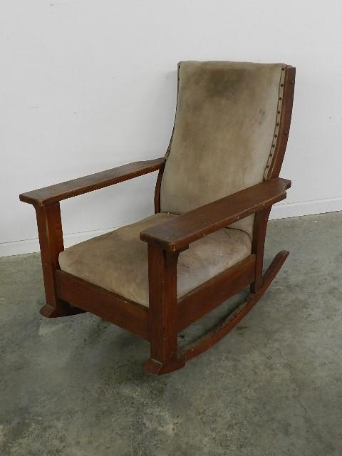 Arts & Crafts Style Rocker: leather upholstery, leather heavily stained, wear and scratches to finish, 36" h