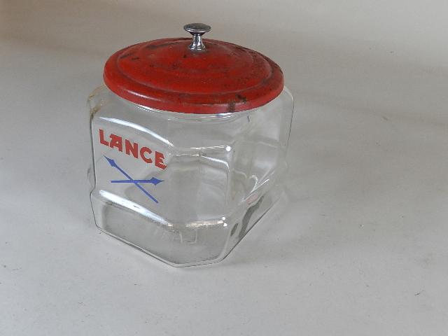 Vintage Lance Store Jar: with metal lid, minor surface rust, 8" h