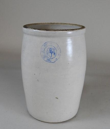 Louisville Pottery 2 gal Blue Decorated Crock: with Cherokee Indian, 12" h
