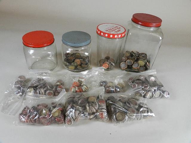 Vintage Coffee Jars: with old bottle caps: 7-UP, Dr. Pepper, Pepsi, Coke, Mtn Dew & Truade