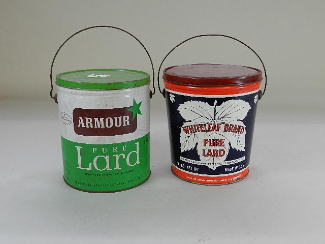 2 Vintage Lard Buckets: White Leaf Brand and Armour, some wear and surface rust