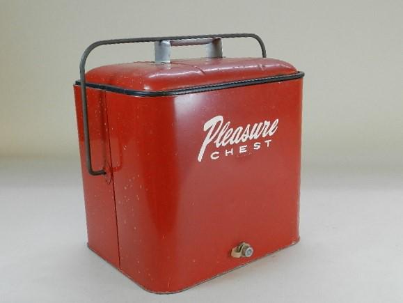 Vintage Pleasure Chest Cooler: has both original trays. Some dents and surface rust, 16" h x 16" w x 12" d