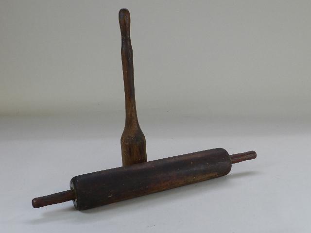 Large Early Rolling Pin & Wooden Masher: rolling pin: 26" long