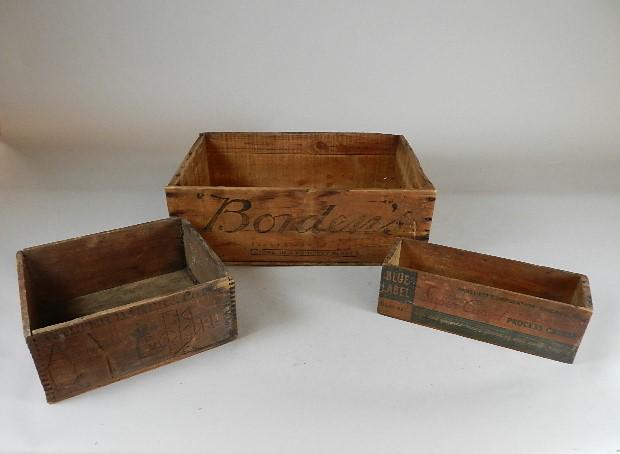 3 Advertising Crates: largest: 7" h x 19" w x 13" d