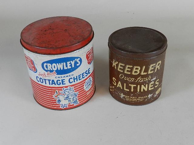 2 Advertising Tins: Keebler saltines, Growley's cottage cheese. Wear and scratches