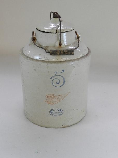 Rare Red Wing 5 Gallon Canning Crock: with cracked lid, and hairlines, 17" h
