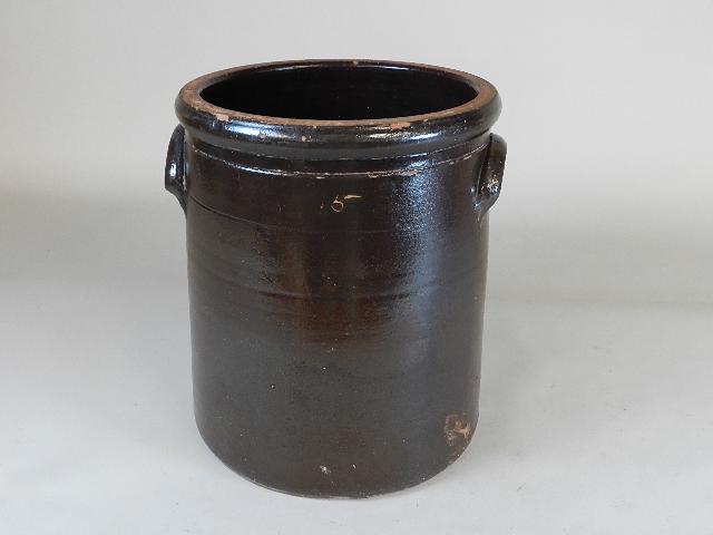 5 Gallon Stoneware Crock: Redware with applied handles, 14" h