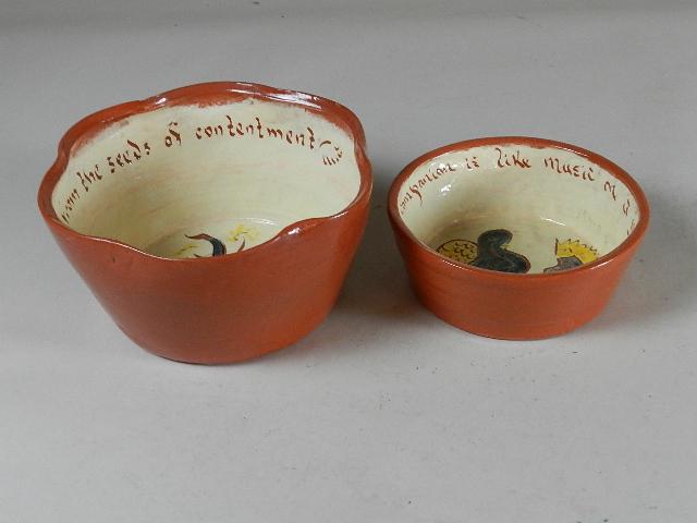 2 Welden Pottery Mottoware Pennsylvania Dutch Redware: one small rim chip