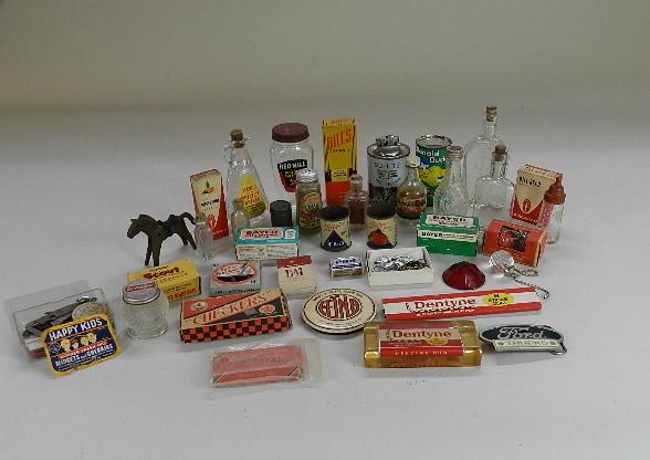 Group of Vintage Advertising Items: Wesco Imitation vanilla bottle, Libby's cans, birthday candles, costume jewelry, Dr Pepper fountain syrup jar, etc