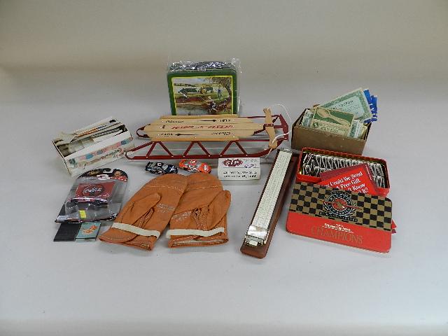 Group of Miscellaneous Items: Sears 1417 gloves, metal John Deere box, old papers, etc