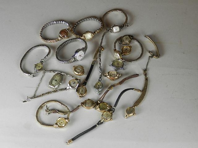 Lot of Vintage Ladies Wristwatches: makers include: Gruen, Elgin, Illinois, Bulova, etc., most show heavy wear.