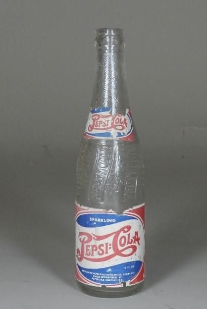 Paper label Double Dot Pepsi Bottle from Elmira NY: labels are damaged but still display nicely. Bottle has minor case wear. 9 1/2" h