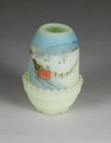 Fenton Burmese Fairy Lamp: dated 1980 and has hand painted winter scene with sleigh. Signed by the artist, minor wear, 4 3/4" h