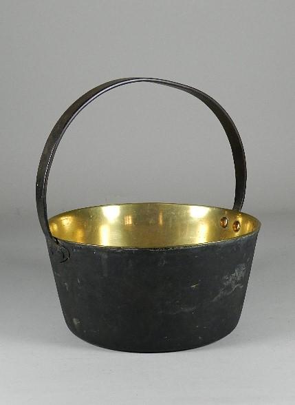 Early Brass Jelly Kettle: with iron handle. Handle is attached with copper rivets, wear from use. 13" h x 11" w
