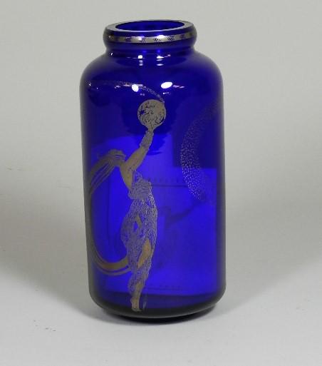 Franklin Mint Cobalt Fireflies Vase by Erte: few spots of wear on the gilt figure, has certificate, 10 1/4" h