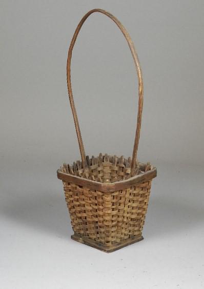 Unusual Oak Splint Virginia Flower Basket: has wooden base and thick pointed oak ribs with thick oak top band. Shows heavy wear to base. Purchased from Tazewell County, Virginia estate. 19 1/2" h x 7" w x 7" d