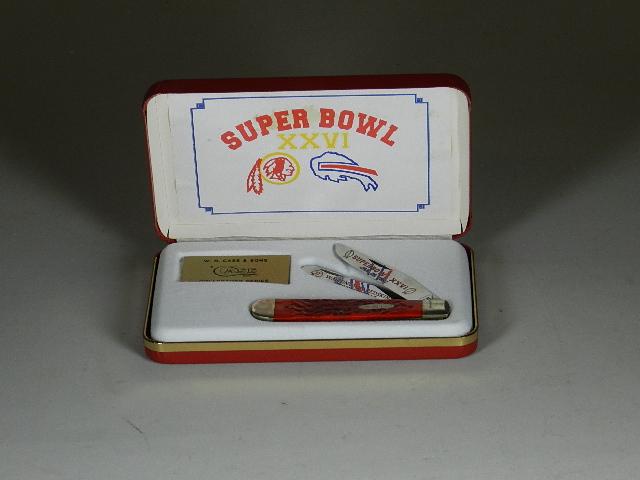 Case XX DR6254SS Super Bowl XXVI Pocket Knife: with red bone handles, Serial # 695. Minor wear, in original box with Washington Redskins logo on top. 4 1/4" long closed
