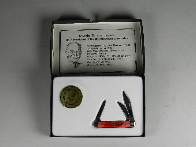 Case XX R633355 Pocket Knife: with jigged bone handles. This is the Dwight Eisenhower knife form the Presidential series, serial #0172 in original box. Knife is in excellent condition, box shows minor wear, 2 5/*" long closed