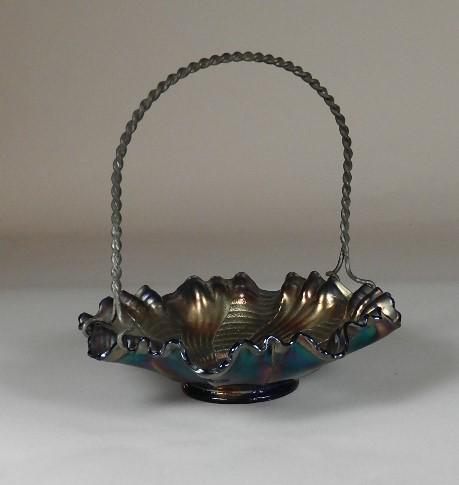 Early Fenton Ruffle Edge Amethyst Bowl: with original wire twist handle, wear/rust to handle, 9" h x 9" w