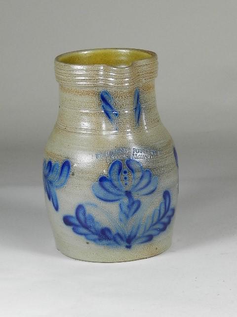 Beaumont Pottery York Maine Slat Glaze Pitcher: with cobalt blue flower, excellent condition, 9" h