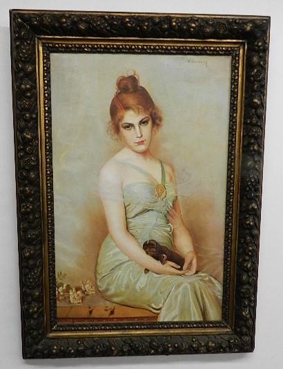 Vittorio Corcos Oil Portrait of Young Woman with Puppy: ca 1894, Vittorio Corcos born Oct 4, 1859, died Nov 8, 1933. Has an early Doyle's Auction tag on back. Minor repairs and touchup. Minor damage to frame. 22: 31" h x 20" w