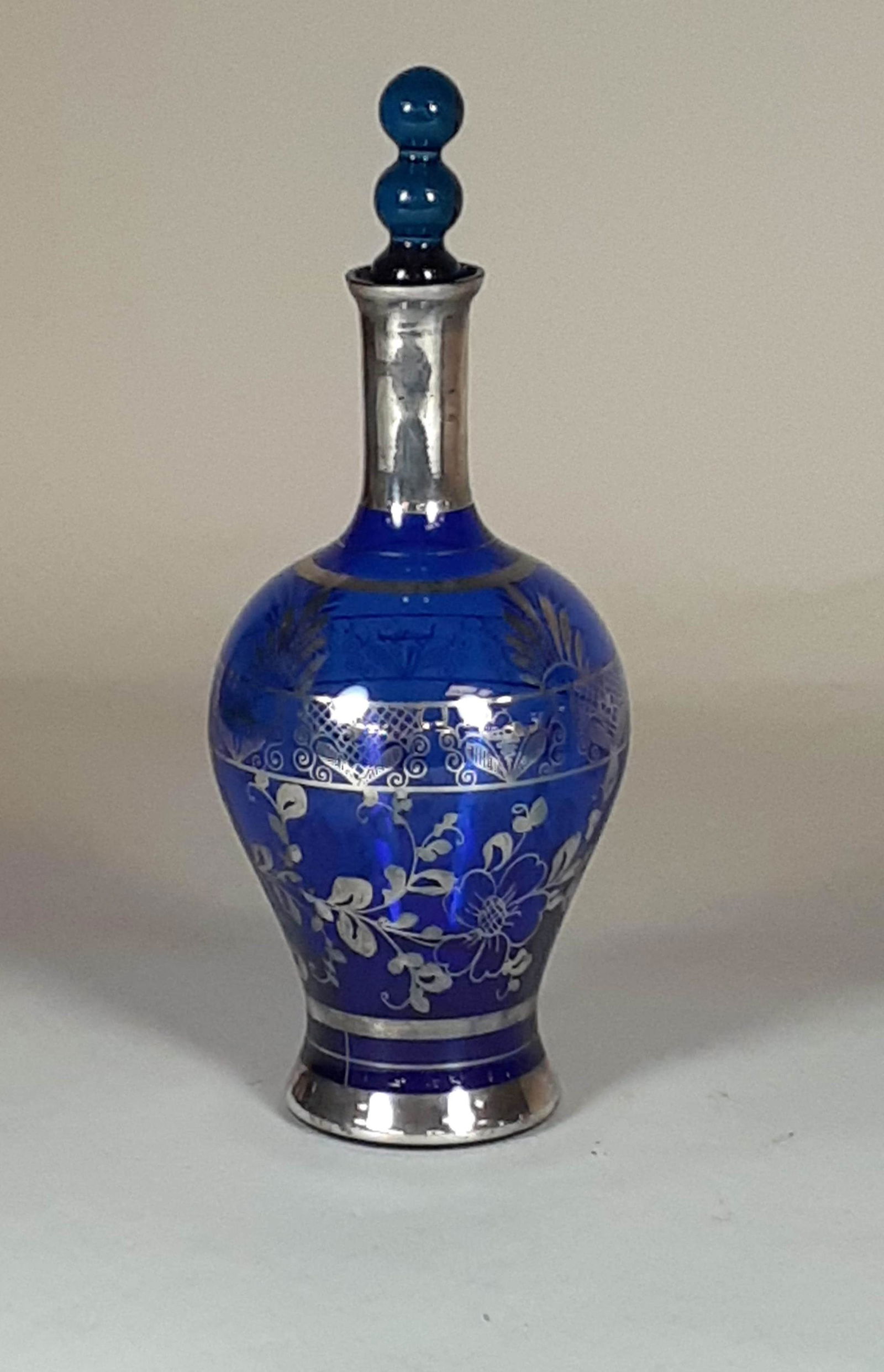 Silver Overlay Dresser Bottle: cobalt blue, some wear to silver, married stopper, 11" h x 4" w